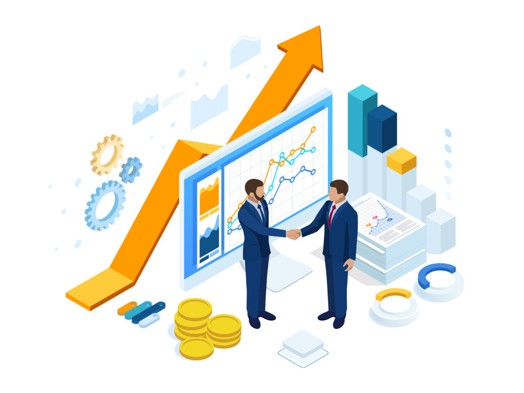 Isometric Successful business collaboration. Businessmen shaking hands. B2B. Data and key performance indicators for business intelligence analytics