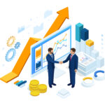Isometric Successful business collaboration. Businessmen shaking hands. B2B. Data and key performance indicators for business intelligence analytics