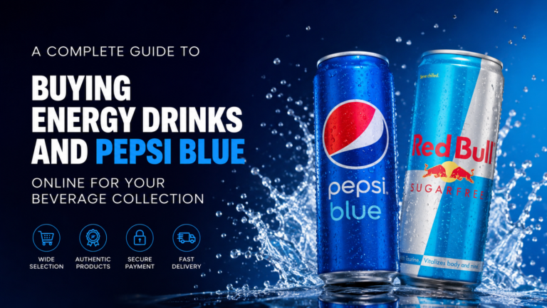 Hyperrealistic banner featuring Pepsi Blue and Sky Blue Red Bull for an online beverage collection guide.
