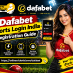 Dafabet Sports Login India registration guide featuring a woman holding a smartphone with login and registration options, cricket stadium graphics, sports icons, and the URL onlinecrickettid.com/dafabet.