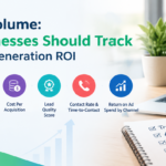 Lead generation ROI metrics infographic showing seven key business performance metrics and an analytics dashboard.