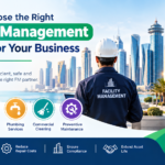 Facility management in Qatar banner featuring a professional technician and HVAC, electrical, plumbing, cleaning, and preventive maintenance services.